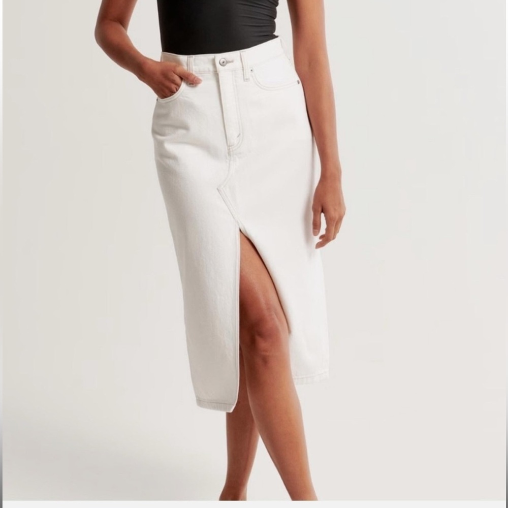 Abercrombie White High-Slit Denim Midi Skirt